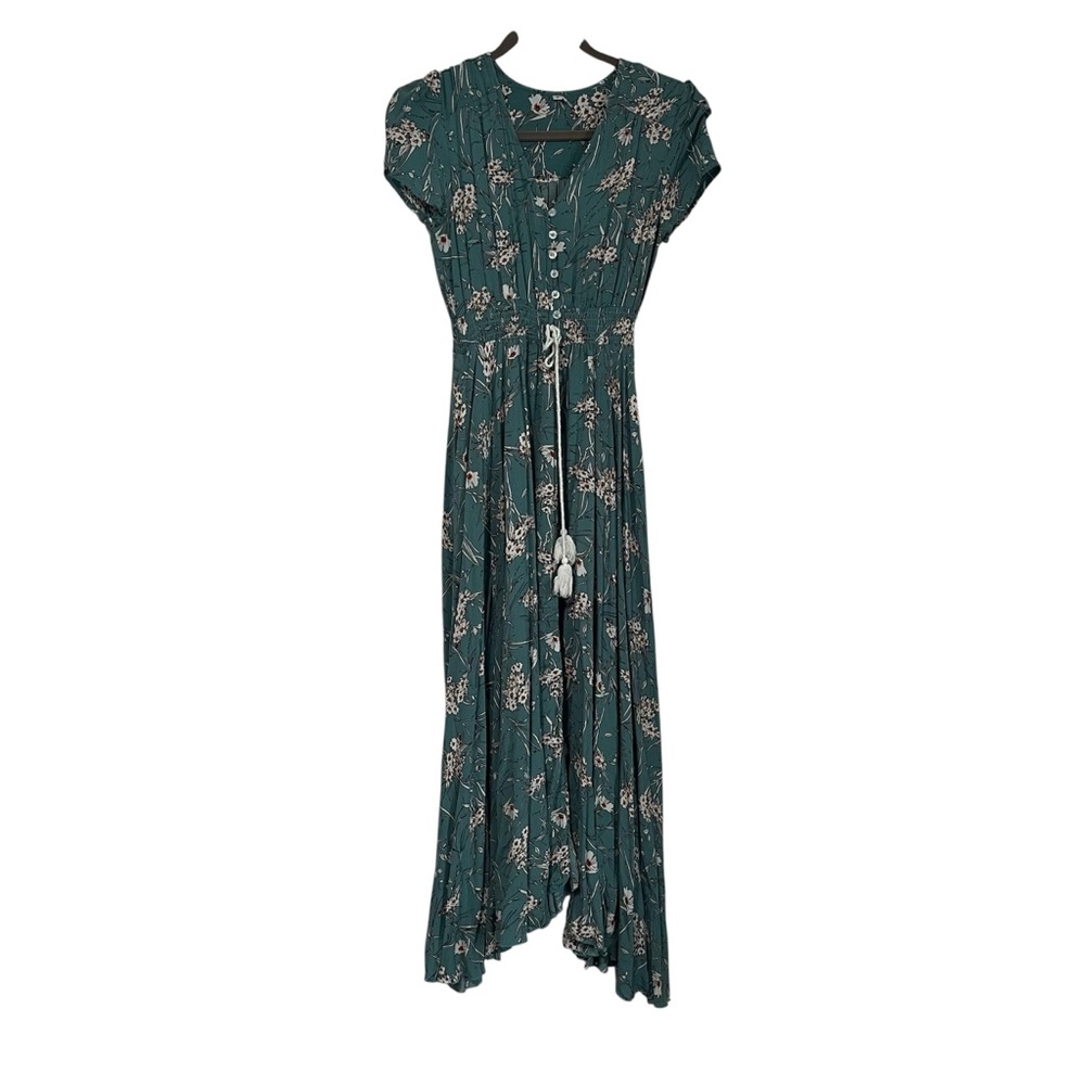 Women’s size Small light teal and white floral flowy maxi short sleeve dress